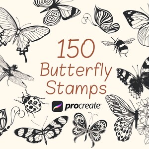 May include: A set of 150 black and white butterfly stamps for Procreate. The stamps feature a variety of butterfly designs, including monarch, swallowtail, and painted lady butterflies.