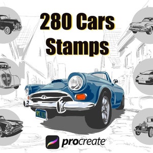 Puede incluir: Una ilustración digital de 280 sellos de coches para la aplicación Procreate. La imagen muestra una variedad de coches antiguos y modernos en blanco y negro y en color.