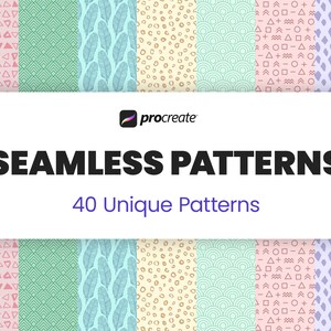 Op de afbeelding: Een afbeelding die digitale naadloze patronen promoot, met 40 unieke ontwerpen. De patronen omvatten geometrische vormen, veermotieven en abstracte motieven. Het Procreate-logo is aanwezig, met de tekst "SEAMLESS PATTERNS" en "40 Unique Patterns".