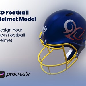 May include: A 3D football helmet model in a vibrant blue with yellow faceguard. The helmet features tribal-style graphics in white and orange. Text on the left reads "3D Football Helmet Model" and "Design Your Own Football Helmet."