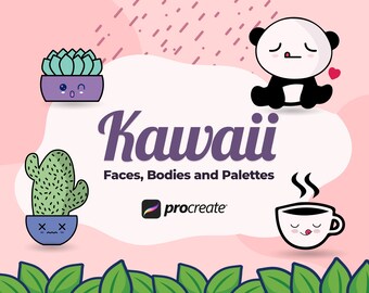 May include: A digital illustration with a pink and white background features the word "Kawaii" in purple script. The image includes cartoon cacti, succulents, a panda, and a coffee cup, all with cute facial expressions. The Procreate logo is also present.