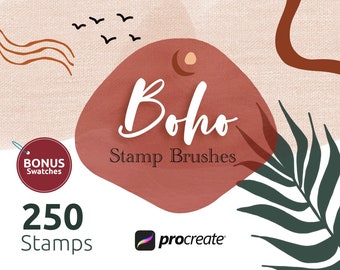 May include: Digital art product advertisement. The image features the words "Boho Stamp Brushes" in white script over a reddish-brown shape. The image also includes the text "250 Stamps" and the Procreate logo, with bonus swatches.