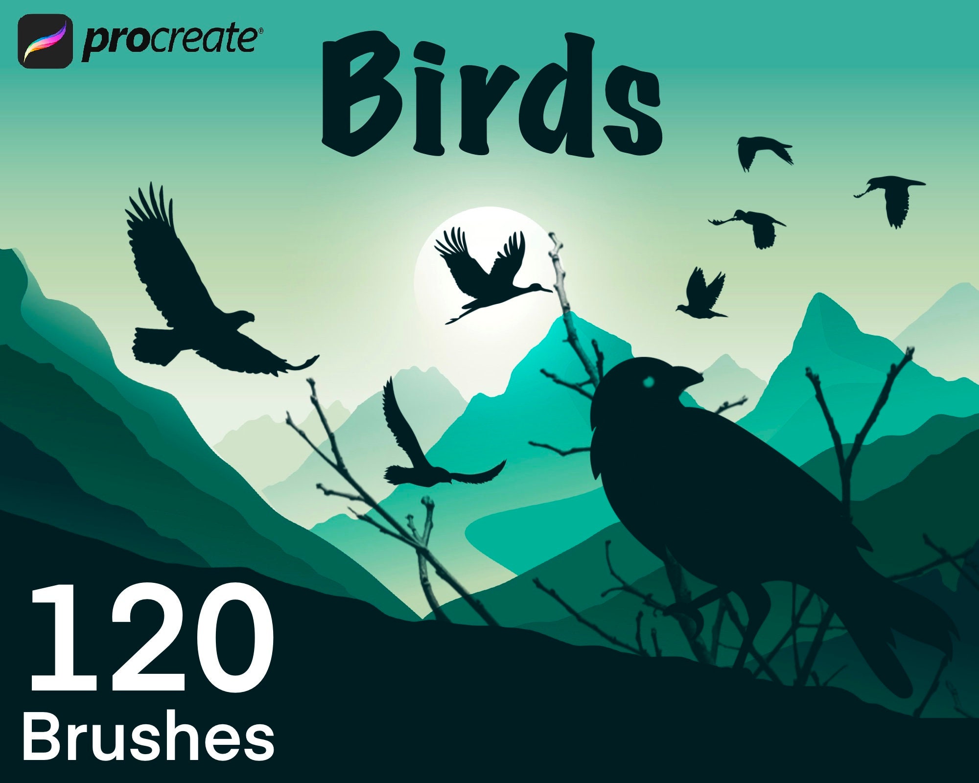 120 Procreate Bird Stamps & Brushes for iPad – Realistic Silhouettes, Flocks, Flying & Perched Birds