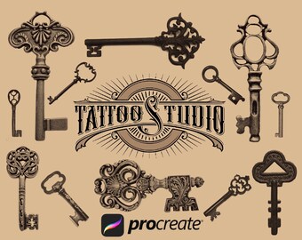 May include: An assortment of antique keys in various sizes and designs, arranged on a tan background. The keys are in shades of brown and gray, with intricate details. The image includes the text "TATTOO STUDIO" and the Procreate logo.