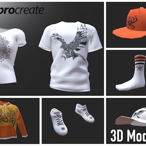 Procreate 3D Clothes Models: T-Shirt, Hoodie, Hat, Shoes (OBJ Files)