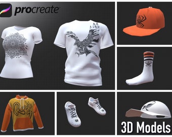 Procreate 3D clothes models, 3D tshirt model, 3D hoodie model, 3D hat model, 3D shoes model, 3D shirt model for artists