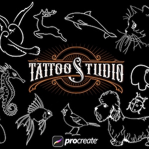 100 animals minimalist tattoo, Procreate Animal Tattoo Stamp Brushes Line Art Insect Bird Fish Hand Drawn Cartoon Digital brush