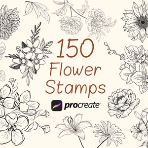 Puede incluir: Un conjunto de 150 sellos de flores en blanco y negro para Procreate. Los sellos presentan una variedad de flores, incluyendo lirios, orquídeas, girasoles y margaritas.