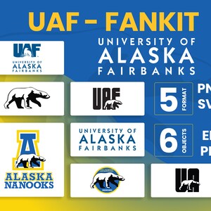 May include: A graphic design kit for the University of Alaska Fairbanks, featuring logos and the text "UAF - FANKIT". The design includes a polar bear graphic and the words "Alaska Nanooks". Formats include PNG, SVG, AI, EPS, and PDF.