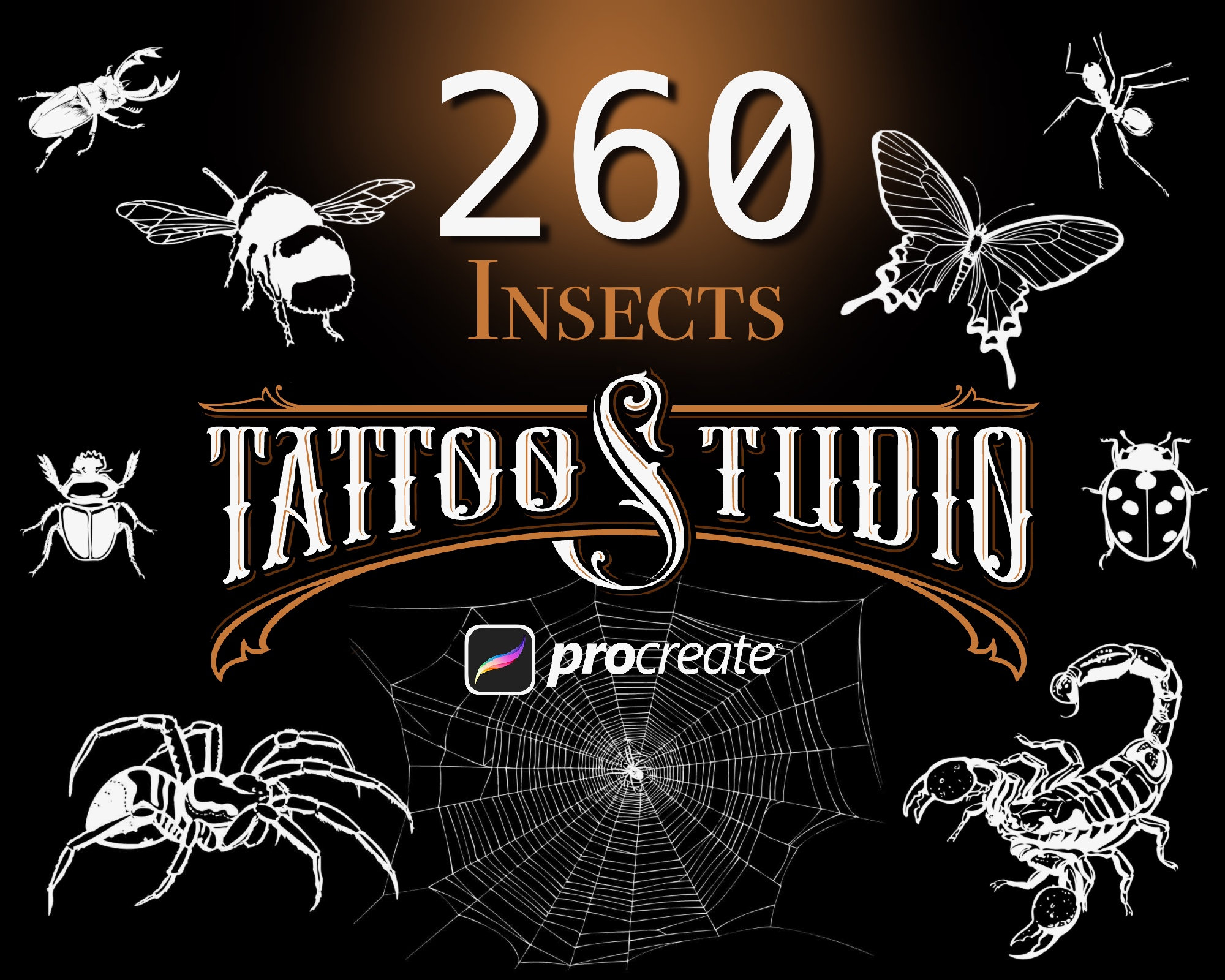 Set de sellos de Procreate de insectos y bichos realistas para tatuadores – 260 pinceles de alto detalle