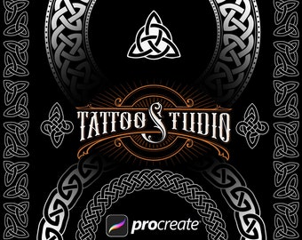May include: Black and white Celtic knot designs with a logo for a tattoo studio that says "Tattoo Studio" in a vintage font. The logo is surrounded by a sunburst design. The image also includes the Procreate app logo.