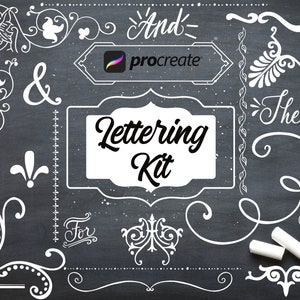 May include: A chalkboard-style graphic with white decorative flourishes, the Procreate logo, and the words "Lettering Kit." Two pieces of chalk are at the bottom right. The background is a dark gray with white speckles.