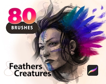 May include: Digital art illustration featuring a woman's face with tribal face paint and colorful feathers. The image includes the text "80 Brushes" and "Feathers & Creatures". A Procreate app icon is in the lower right corner.