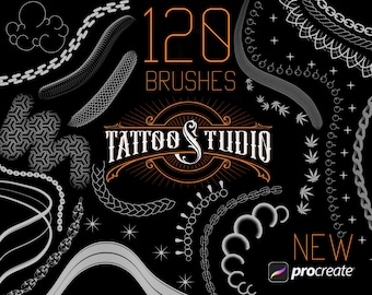 May include: A set of 120 tattoo studio brushes for Procreate. The brushes are designed for creating various tattoo styles, including chains, geometric patterns, and floral designs. The brushes are available in black and white.