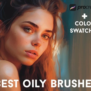 May include: Digital painting of a woman with light skin and blue eyes. The image includes the text "Procreate + Color Swatches" and "Best Oily Brushes" in white text. The artwork has a soft, painterly style with warm tones.
