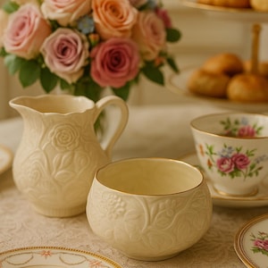 May include: A cream-colored tea set with floral details, including a creamer, bowl, and teacup. A bouquet of pink and peach roses sits in the background, with scones on a tiered tray. The teacups and saucers have gold trim.