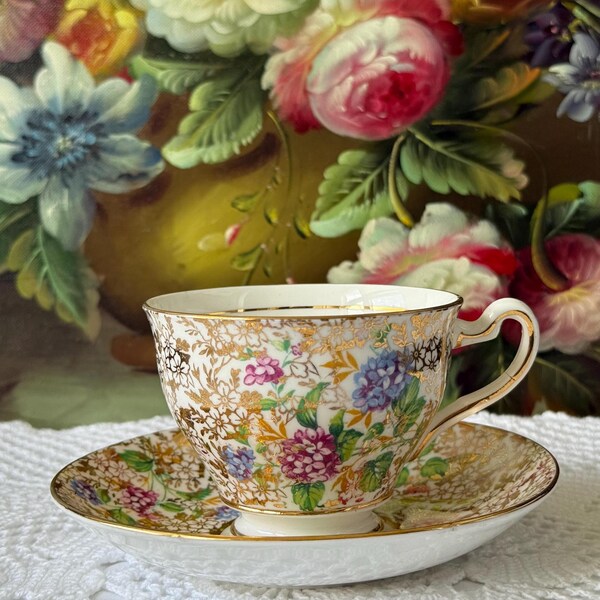 Vintage Clare Bone China Teacup & Saucer – England – Floral Chintz with Gold Overlay