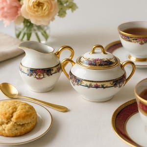 Vintage Limoges France Jean Boyer Sugar Bowl & Creamer Set – Hand Decorated, Gilded Porcelain, Circa 1930s