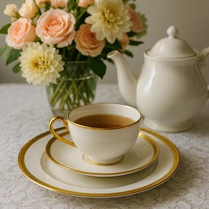 Vintage Limoges France Tharaud Teacup and Saucer – White Porcelain with Gold Trim – Elegant French Teaware