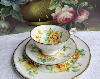 Royal Stafford Tea Trio – Yellow Roses, Bone China, Made in England