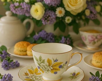 Duchess Bone China Teacup & Saucer – “Autumn” Pattern | Made in England | Elegant Vintage Botanical Tea Cup | Gilded Gold Trim | Gift-Ready