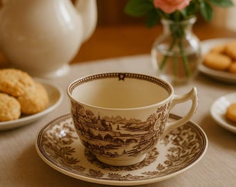 Vintage Clarice Cliff “Tonquin” Brown Transferware Teacup & Saucer – Royal Staffordshire – Made in England