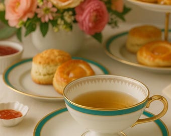 Vintage German Tirschenreuth Selb 3-Piece Snack Set – Turquoise and Gold Teacup, Saucer & Plate | 1930s–50s Porcelain