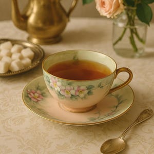 Antique T&V Limoges Teacup and Saucer – Hand-Painted Pink Blossoms – Gold Handle – France (1892–1907)