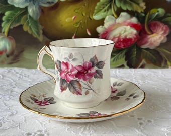 Vintage Hammersley Bone China Teacup & Saucer, Burgundy Floral, Gold Trim