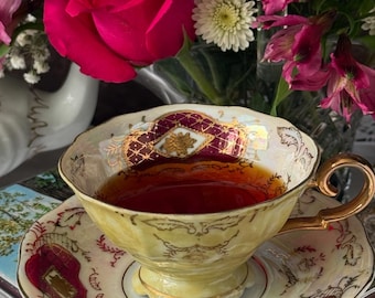 Vintage Iridescent Teacup & Saucer with Burgundy and Gold Accents – Ornate Handle, Unmarked Bone China