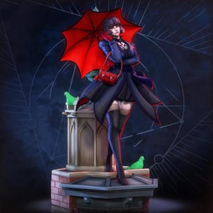 Op de afbeelding: Een verzamelfiguur van een personage met kort donker haar, gekleed in een donkerblauwe jas met rode rand, een zwarte rok en zwarte dijhoge laarzen. Het personage houdt een felrode paraplu vast, draagt een rode schoudertas en staat op een stenen fonteinvoet met twee kleine groene vogelbeeldjes.