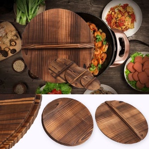 Natural Wooden Wok Pan Lid With Large Handle