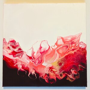 May include: Abstract painting with a white background and a red, pink, and gold design. The design resembles a wave or a flower.
