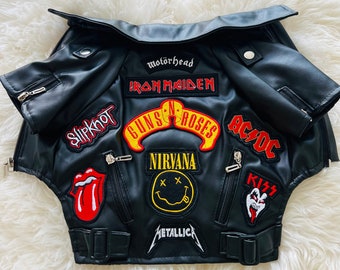 Handmade Faux Leather Rock Dog Jacket – Band Patches, Biker Dog Jacket, Dog Clothes,Dog Costume,Dog Gift,Christmas Gift,Pet Gift,Rock Dog,