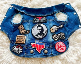 Denim Dog Jacket: Country Music Patches, Small Breed Canine Vest,pet clothes,dog clothes,dog vest,cat clothes,pet jean jacket,pet gift