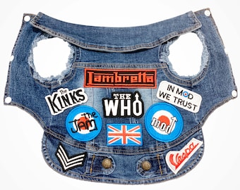 Mod Denim Dog Jacket: Embroidered Patches, Stylish Dog Vest