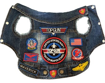 Pet Aviator Denim Dog Jacket, Top Gun Maverick Dog Jacket,Christmas Pet Gift,Dog Clothes,Dog Costume,Denim Dog Vest,Pet Clothes,Dog Vest,