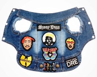 Hip Hop Denim Dog Vest: Custom Patched Jean Jacket,Dog Clothes,Dog Vest,Pet Vest,Dog Gift,Pet gift,