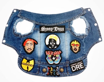 HipHop Denim Dog Jacket - Denim Patch Dog Jacket-Pet Lover Gift-Dog Vest-Custom Patched Denim Dog Jacket-Dog Gift-Dog Clothes-Christmas Gift