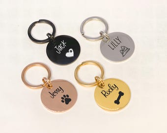 Custom Engraved Pet ID Tag: Round or Bone Shape, Gold Silver Black Bronze