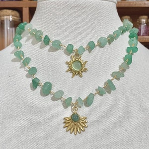 Green Aventurine Necklace, Gold Wire Wrapped Necklace, Natural Crystal Neckalce, Healing Gemstone Necklace, Sun Pendant, Gift for Her