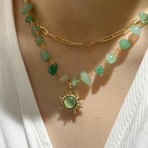 Green Aventurine Gold Wire Wrapped Necklace, Crystal Necklace, Boho Gemstone Jewelry, Unique Hippie Style, Sun Pendant, Beaded Necklace