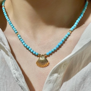 Natural Turquoise Beaded Necklace, Shell Pendant Beach Jewelry, Ocean-Inspired Summer Necklace, Boho Vacation Jewelry, Ocean Gift