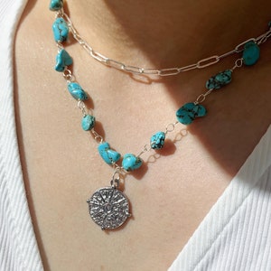 Turquoise Sun Charm Wire Wrapped Silver Necklace/Crystal Beaded Silver Sun Choker/Gemstone Necklace/Sun Choker/Hippie Choker/Crystal Jewelry