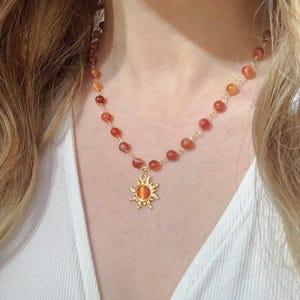 Carnelian Sun Charm Wire Wrapped Necklace, Crystal Beaded Gold Sun Choker, Gemstone Necklace, Sun Choker, Handmade Choker Necklace