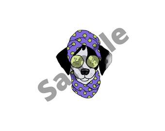 May include: Illustration of a dog's face wearing a purple scarf with yellow polka dots and cucumber slices over its eyes. The dog has black and white fur and is wearing sunglasses.