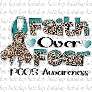 恐怖よりも信仰 PCOS 啓発昇華、多嚢胞性卵巣症候群 PNG、PCOS PNG、ティールレオパード、リボン、クリップアートデジタルダウンロード