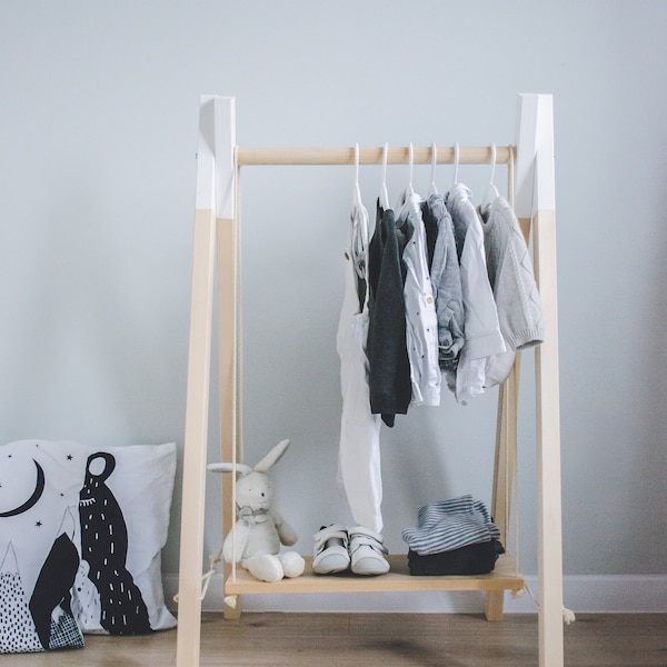 Kid's Wooden Clothing Rack | Montessori Wardrobe, Toddler Room Decor