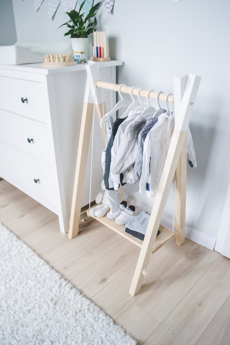 Kid's Wooden Clothing Rack Montessori Wardrobe Stand Scandinavian Design Toddler Room Decor Children's Dress Up Clothes image 3