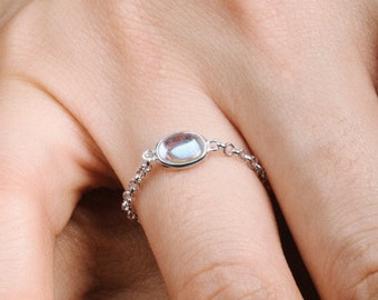 Adjustable Moonstone Chain Ring Delicate Chain Ring Gemstone Chain Ring Minimalist Stone Chain Ring Everyday Simple Oval Moonstone Ring